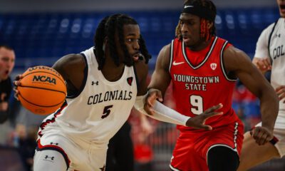 Robert Morris guard Cam Wilds drives against against a Youngstown St. defender on Dec. 17, 2025 -- RMU Athletics