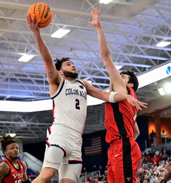 Robert Morris guard Ryan Prather Jr. attempts a shot against Youngstown State in the First Round of the Horizon League Tournament on March 4, 2026 -- Ed Thompson // RMU Sports Now