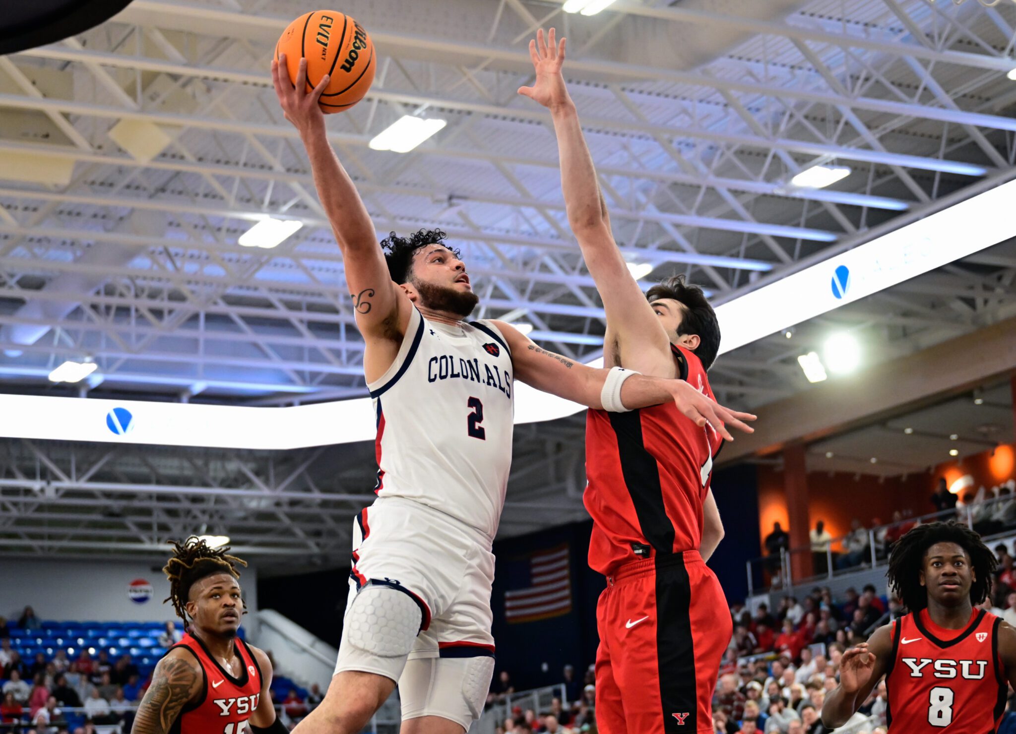 Robert Morris guard Ryan Prather Jr. attempts a shot against Youngstown State in the First Round of the Horizon League Tournament on March 4, 2026 -- Ed Thompson // RMU Sports Now