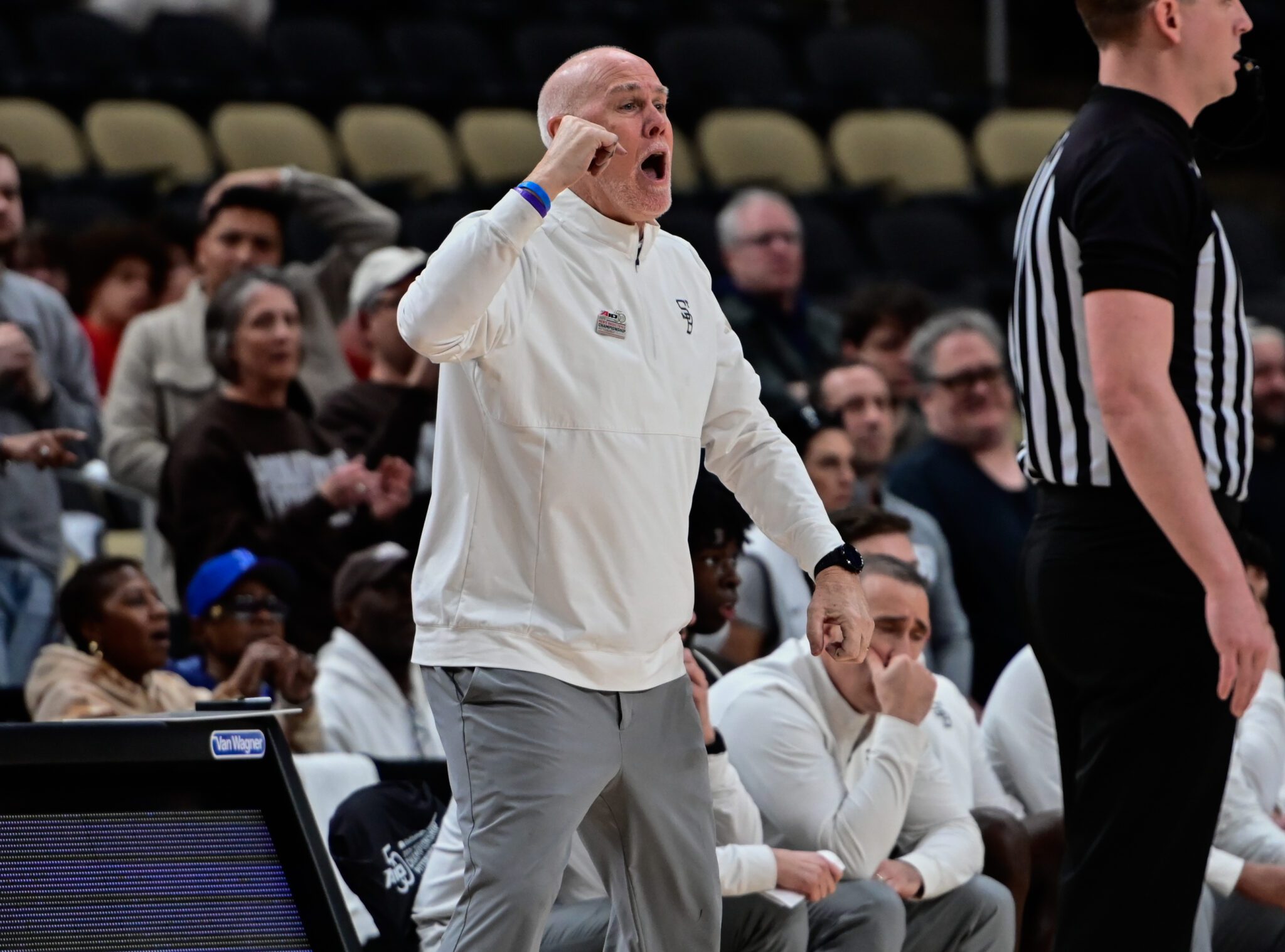 Former St. Bonaventure and Robert Morris head coach Mark Schmidt during the A-10 Tournament at the PPG Paints Arena -- Ed Thompson // Pittsburgh Sports Now