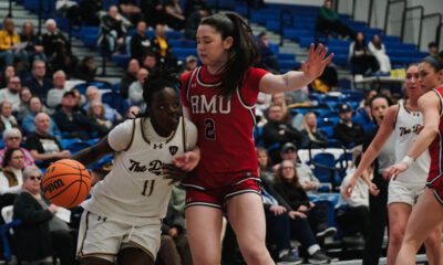Robert Morris guard Aislin Malcolm defends against a Purdue Fort-Wayne drive during the opening round of the 2026 Horizon League Tournament on March 4, 2026 -- Photo Courtesy of RMU Athletics