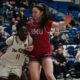 Robert Morris guard Aislin Malcolm defends against a Purdue Fort-Wayne drive during the opening round of the 2026 Horizon League Tournament on March 4, 2026 -- Photo Courtesy of RMU Athletics