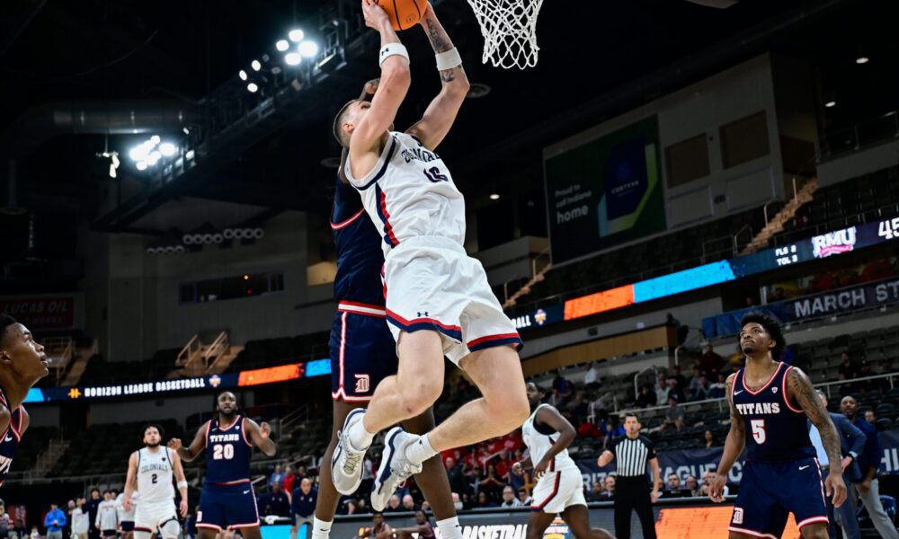 Robert Morris forward Nikolaos Chitikoudis goes up for a shot attempt in a game against Detroit Mercy on March 8, 2026 -- Ed Thompson // Pittsburgh Sports Now