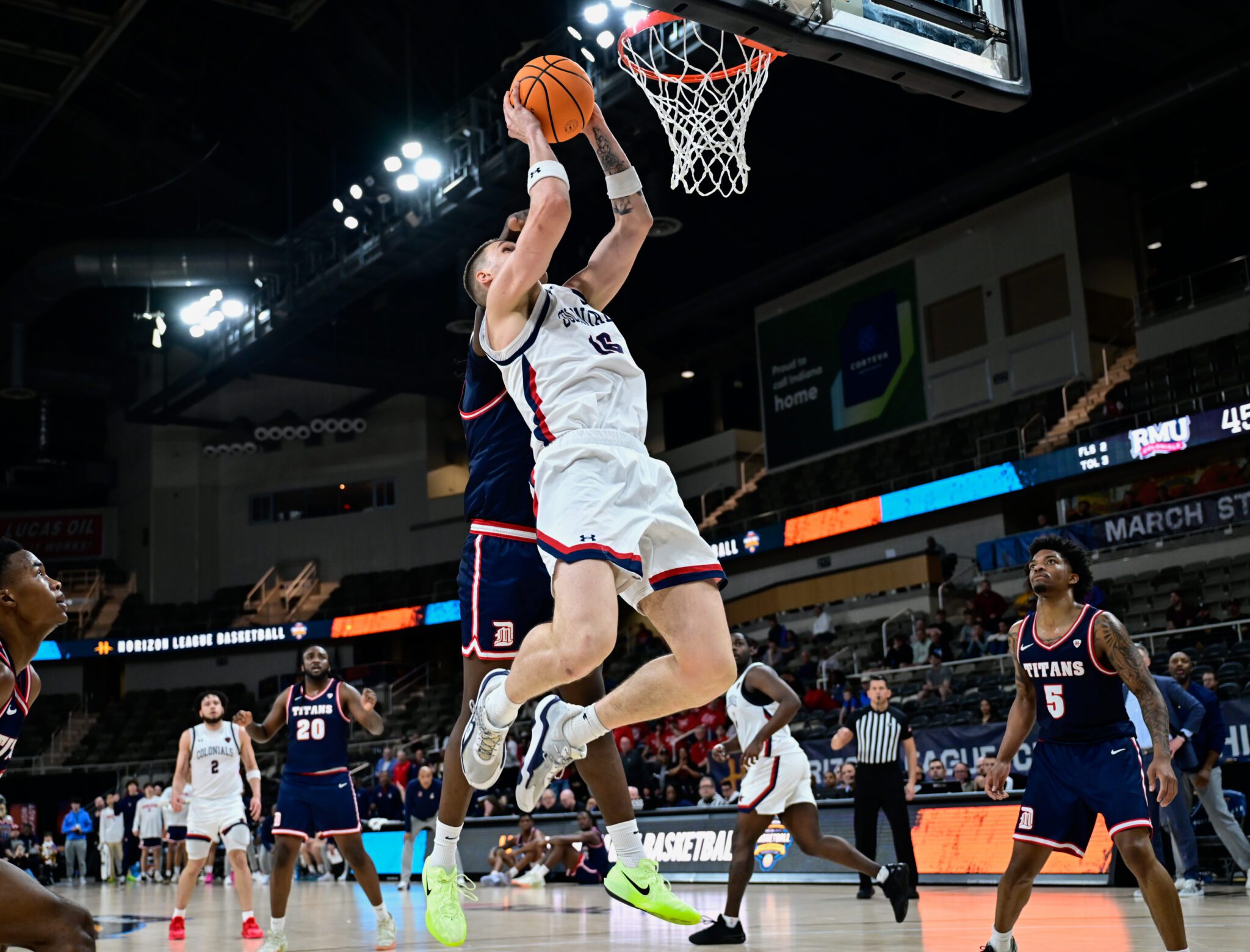 Robert Morris forward Nikolaos Chitikoudis goes up for a shot attempt in a game against Detroit Mercy on March 8, 2026 -- Ed Thompson // Pittsburgh Sports Now