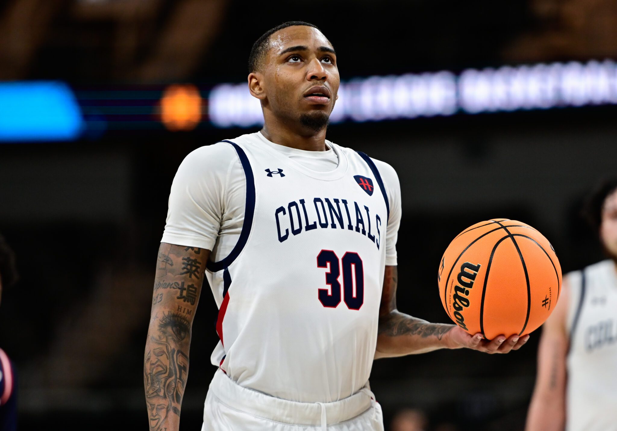 Robert Morris guard Ta'Zir Smith eyes up the basket prior to a free throw attempt during the Horizon League semifinal game against Detroit Mercy on March 8, 2026 -- Ed Thompson // Pittsburgh Sports Now