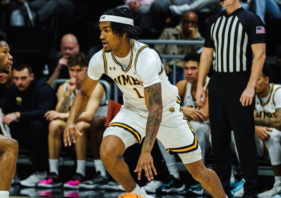 Former UMBC guard and current Robert Morris commit Ace Valentine dribbles the ball during a game -- Photo courtesy of Valentine's Instagram