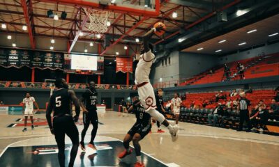 Robert Morris commit Jalik Dunkley rises up for a dunk during the 2025-26 season while at Nicholls State -- Photo courtesy of Dunkley's Instagram