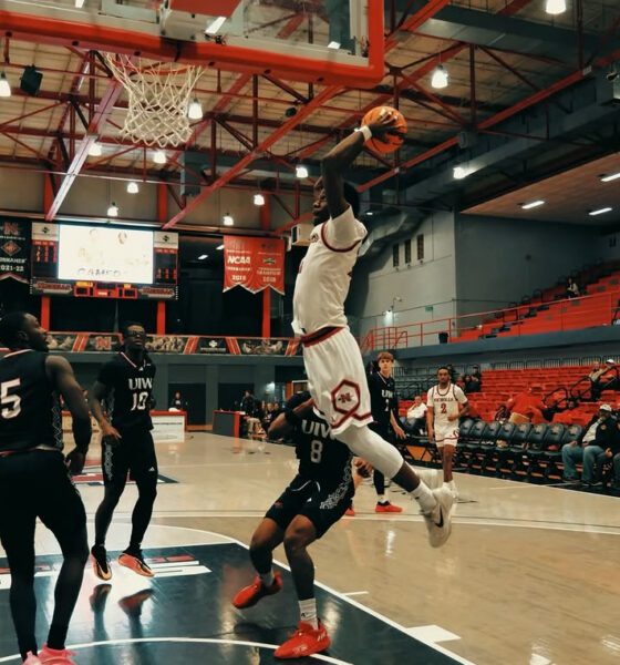 Robert Morris commit Jalik Dunkley rises up for a dunk during the 2025-26 season while at Nicholls State -- Photo courtesy of Dunkley's Instagram