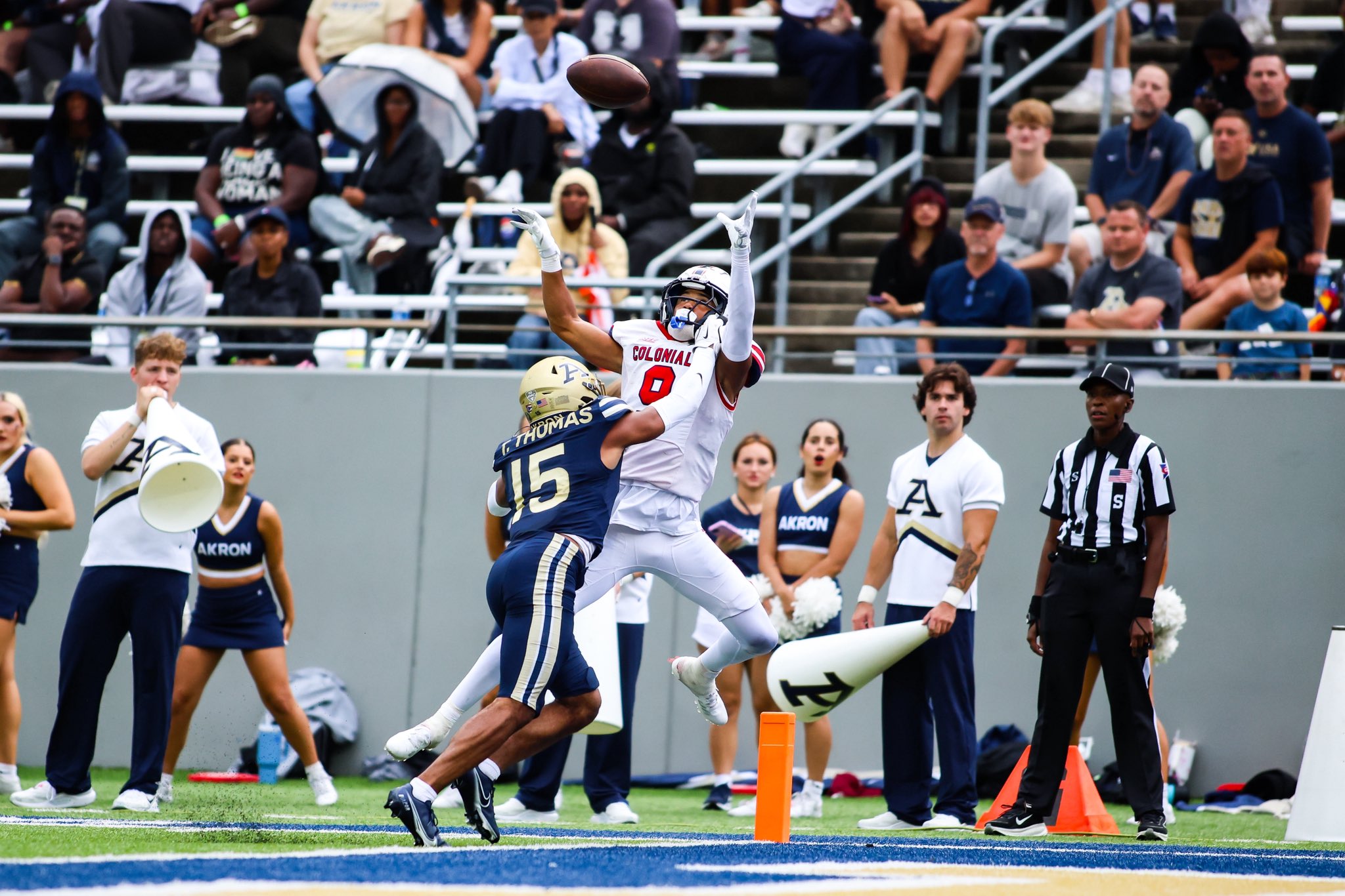 Robert Morris WR Galen Combs goes up for a pass against Akron on Sept. 12, 2026 -- Photo Courtesy of RMU Athletics