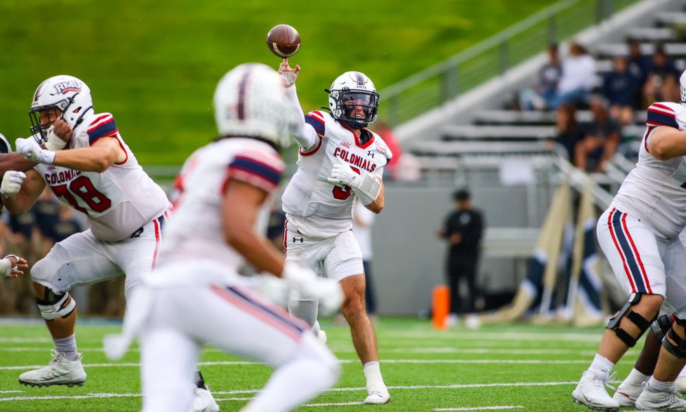 Robert Morris quarterback Carson Haggard attempts a pass against Akron on Sept. 19, 2026 -- Photo Courtesy of RMU Athletics