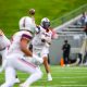 Robert Morris quarterback Carson Haggard attempts a pass against Akron on Sept. 19, 2026 -- Photo Courtesy of RMU Athletics