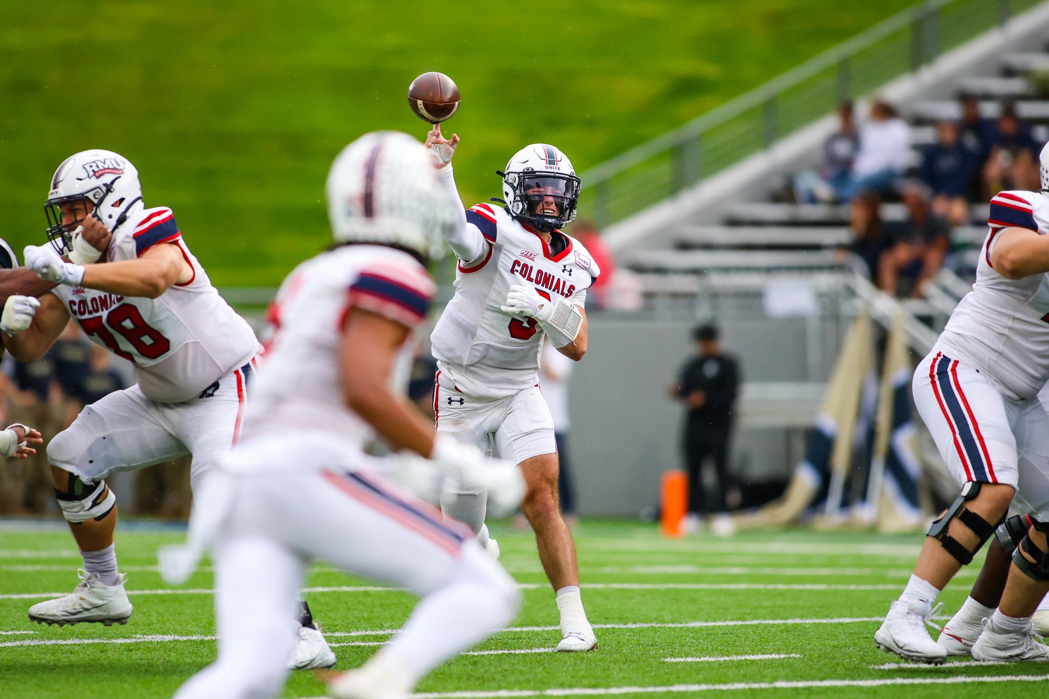 Robert Morris quarterback Carson Haggard attempts a pass against Akron on Sept. 19, 2026 -- Photo Courtesy of RMU Athletics