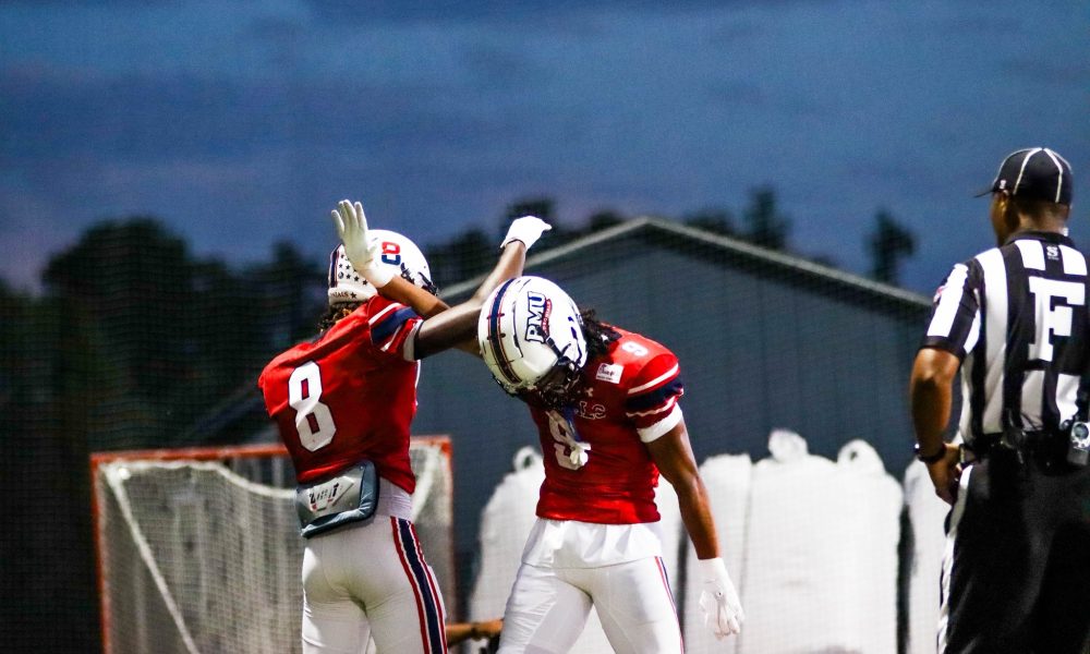 Robert Morris wide receivers Galen Combs and Jaqai Carter celebrate during a game on Sept. 5, 2026 -- Photo Courtesy of RMU Athletics