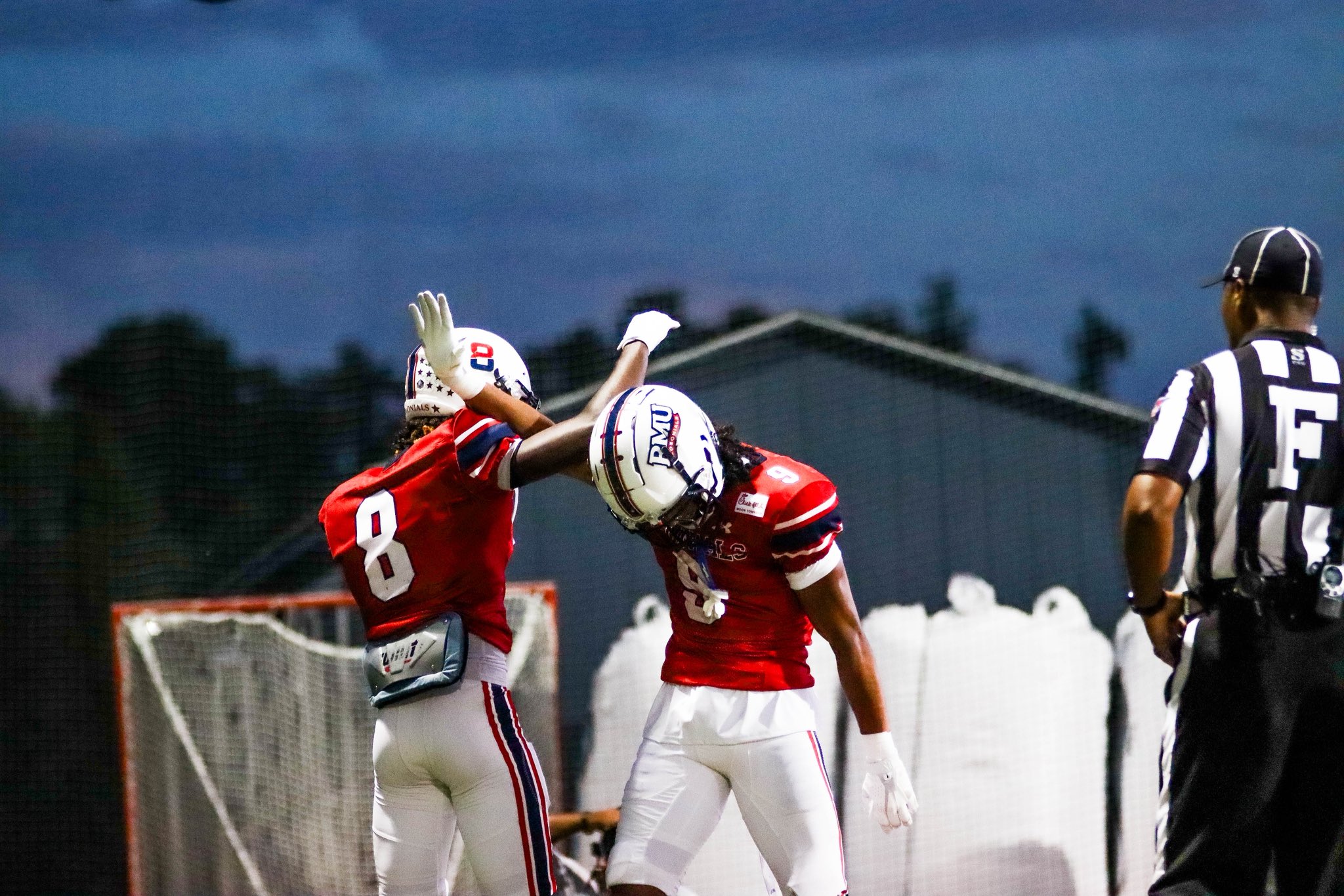 Robert Morris wide receivers Galen Combs and Jaqai Carter celebrate during a game on Sept. 5, 2026 -- Photo Courtesy of RMU Athletics