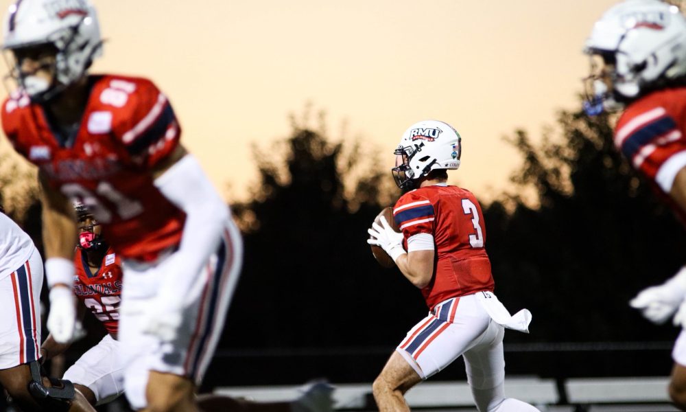 Robert Morris QB Carson Haggard in his drop back during a game against West Virginia State on Sept. 5, 2026 -- Photo Courtesy of RMU Athletics