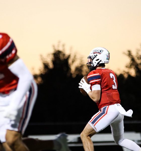 Robert Morris QB Carson Haggard in his drop back during a game against West Virginia State on Sept. 5, 2026 -- Photo Courtesy of RMU Athletics