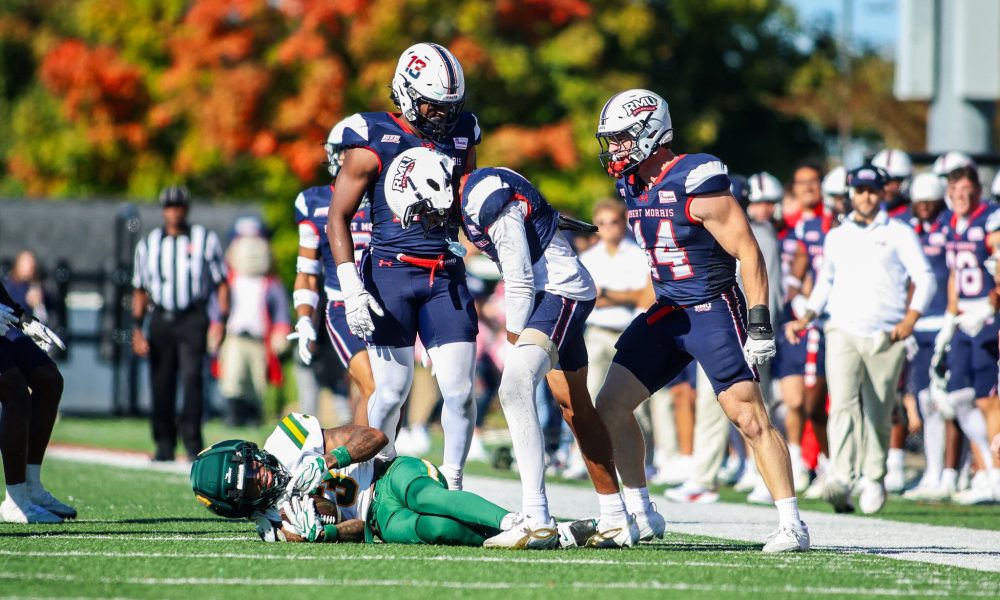 A Robert Morris defender celebrates after a tackle against Norfolk State on Oct. 3, 2026 -- Photo Courtesy of RMU Athletics