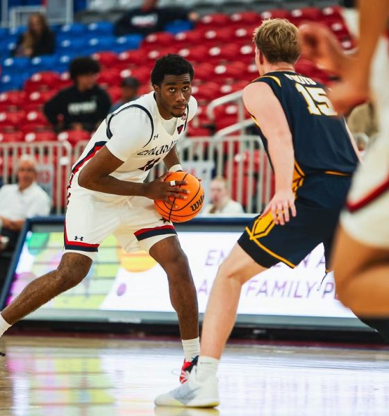 Robert Morris forward Jalik Dunkley eyes up a Canisius defender in the Colonials' exhibition on Oct. 27, 2026 -- Photo Courtesy of RMU Athletics